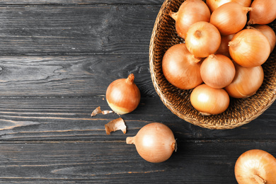 Photo of Ripe onion bulbs and basket on black wooden table, flat lay. Space for text