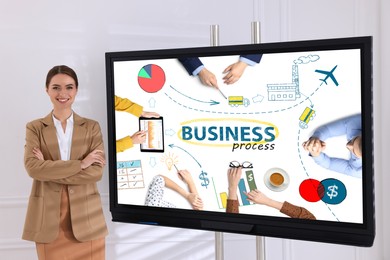 Business trainer near interactive board in meeting room