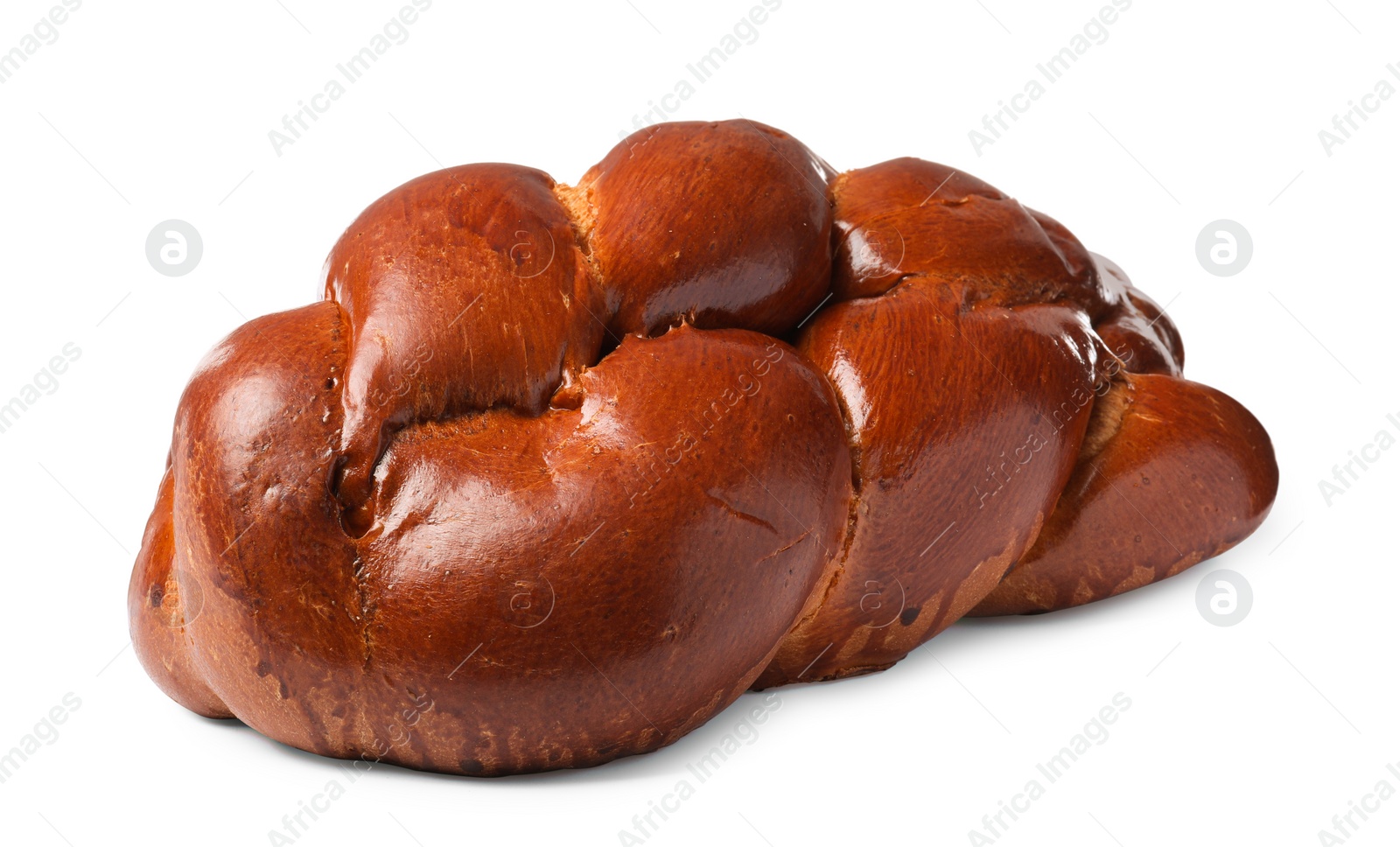 Photo of Homemade braided bread isolated on white. Traditional Shabbat challah