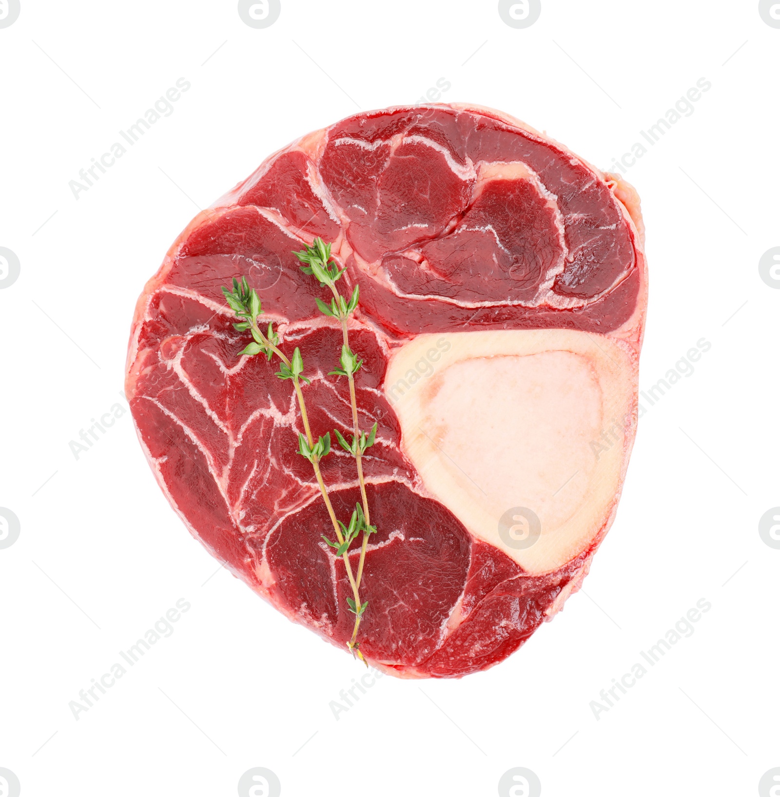 Photo of Piece of raw beef meat and thyme isolated on white, top view