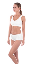 Photo of Slim woman in underwear on white background. Healthy diet