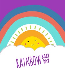 Illustration of National Rainbow Baby Day card with illustration of sun, cloud and rainbow