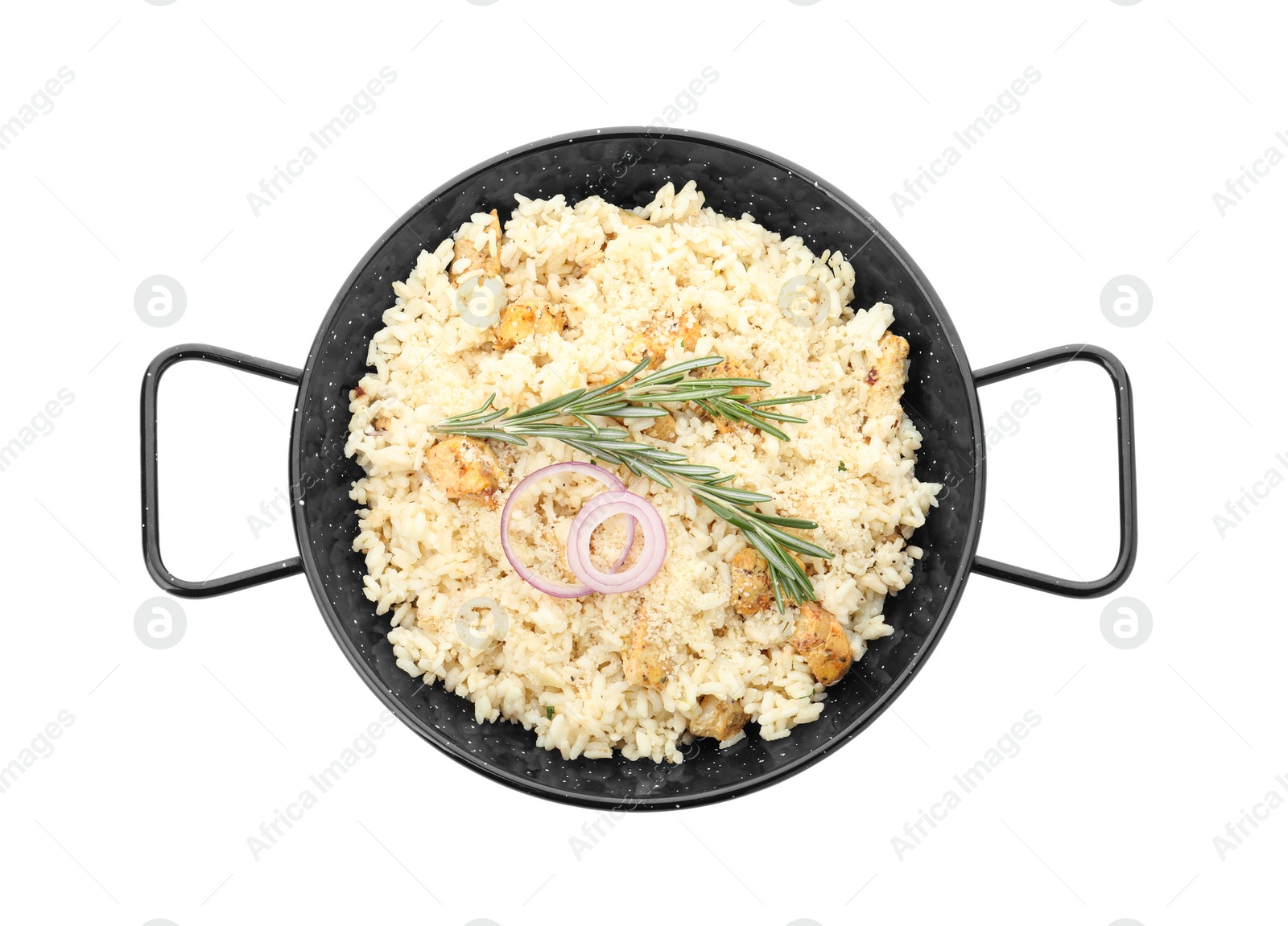 Photo of Delicious risotto with chicken isolated on white, top view