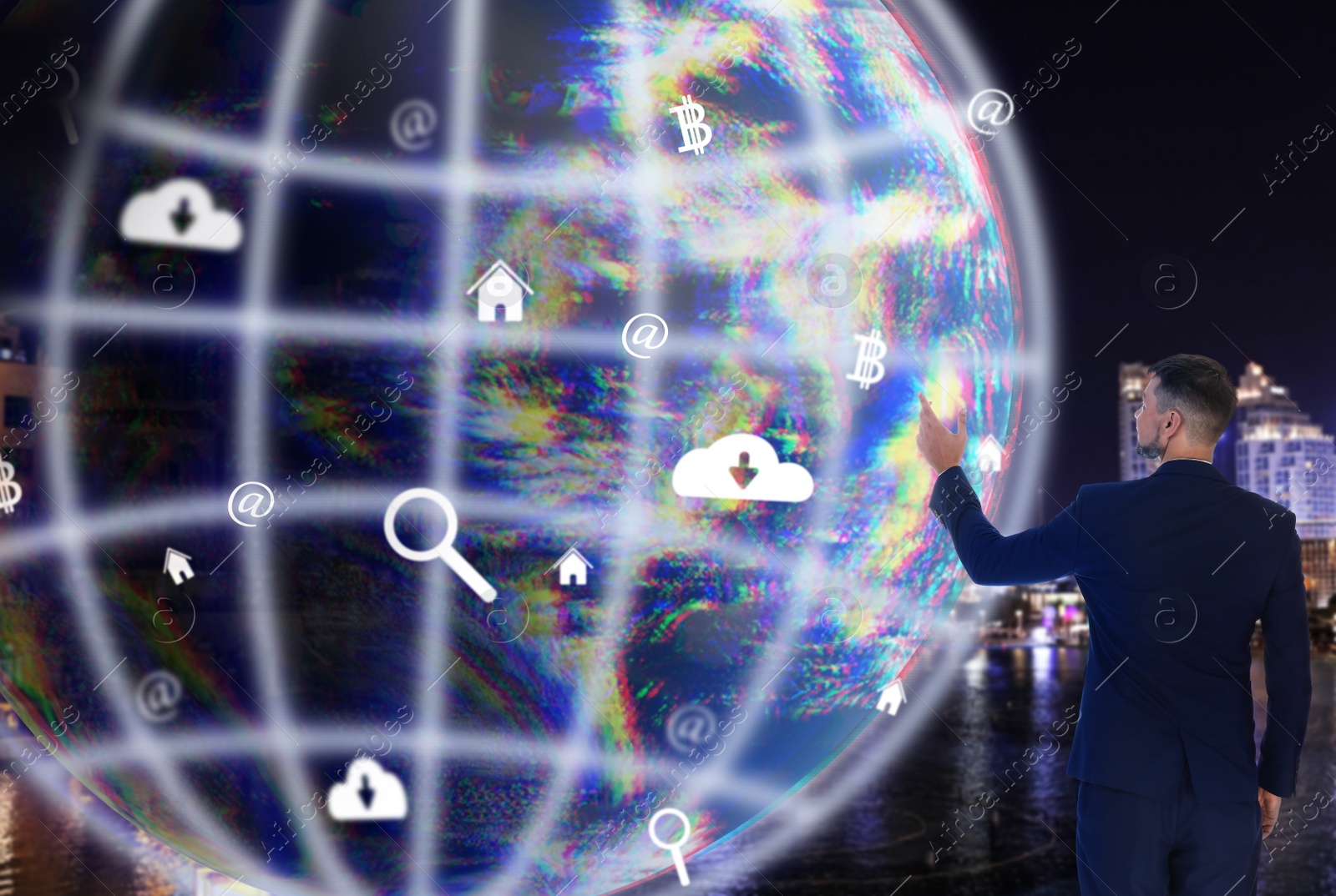 Image of Global internet connection. Young businessman, virtual model of globe and different icons