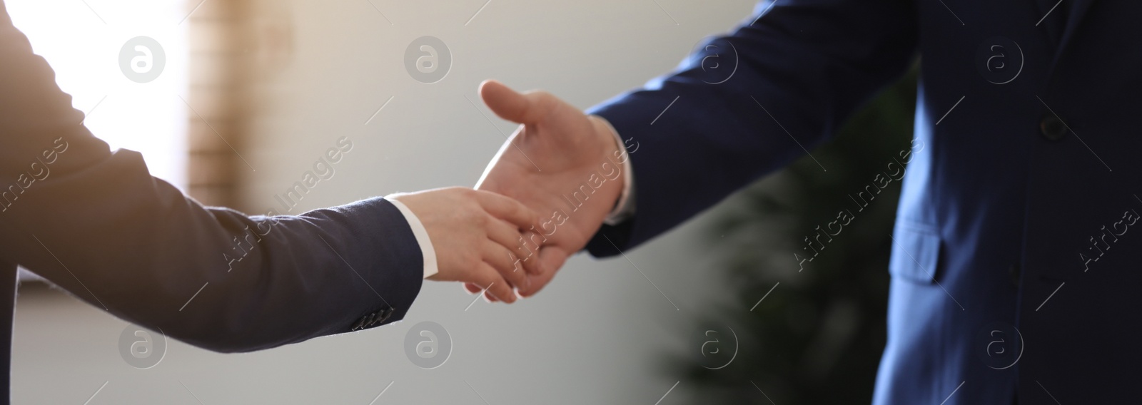 Image of Male lawyer shaking hands with client in office, closeup. Banner design