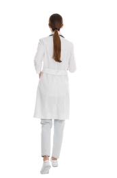 Photo of Doctor in robe walking on white background