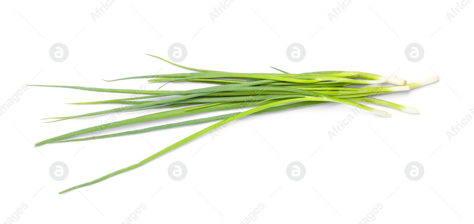 Photo of Fresh green spring onions on white background, top view