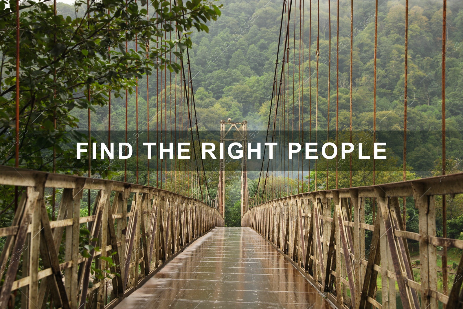 Image of Find the right people, affirmation. Rusty metal bridge over river in mountains