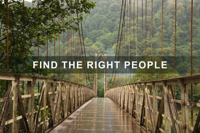 Image of Find the right people, affirmation. Rusty metal bridge over river in mountains