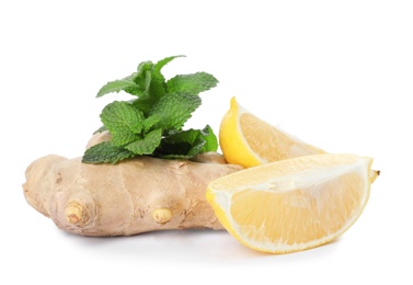 Photo of Ginger, mint and lemon on white background. Cough remedies