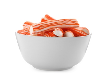 Photo of Crab sticks in bowl on white background