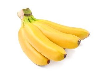 Cluster of ripe baby bananas on white background