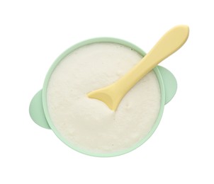 Photo of Healthy baby food in bowl on white background, top view