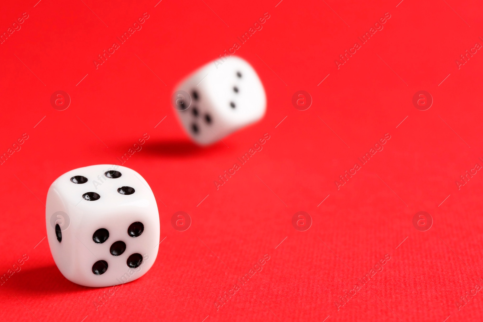 Photo of Many white game dices falling on red background. Space for text