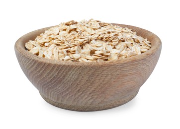 Photo of Raw oatmeal in wooden bowl isolated on white