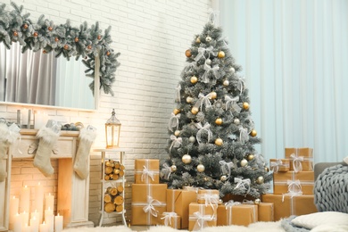 Decorated Christmas tree in modern living room interior