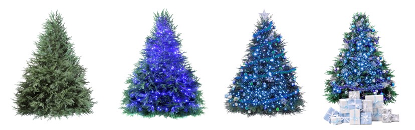 Christmas tree isolated on white, step-by-step decorating