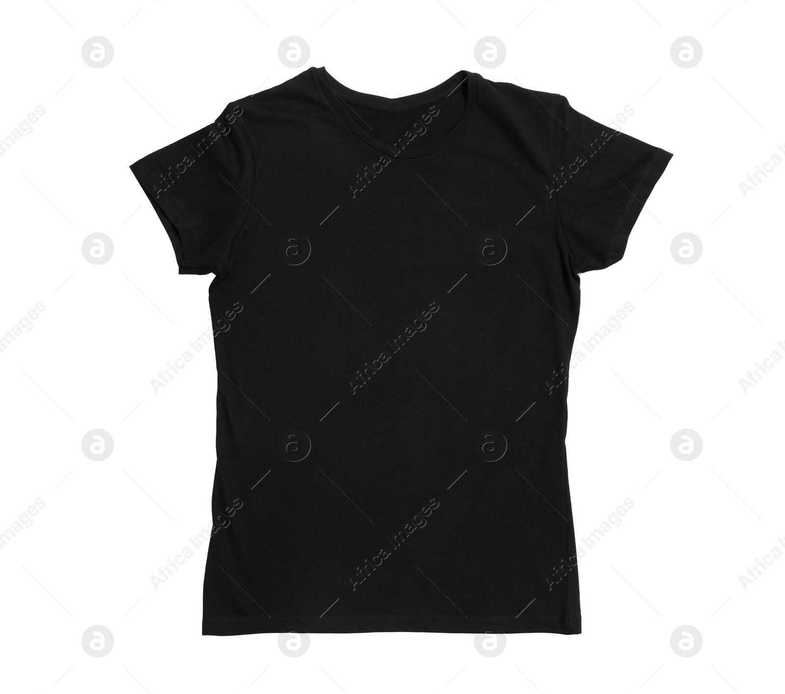 Photo of Stylish black female T-shirt isolated on white, top view