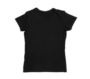 Stylish black female T-shirt isolated on white, top view
