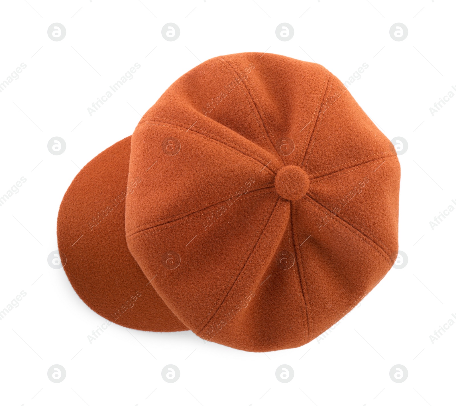 Photo of Stylish hat isolated on white, top view. Trendy headdress
