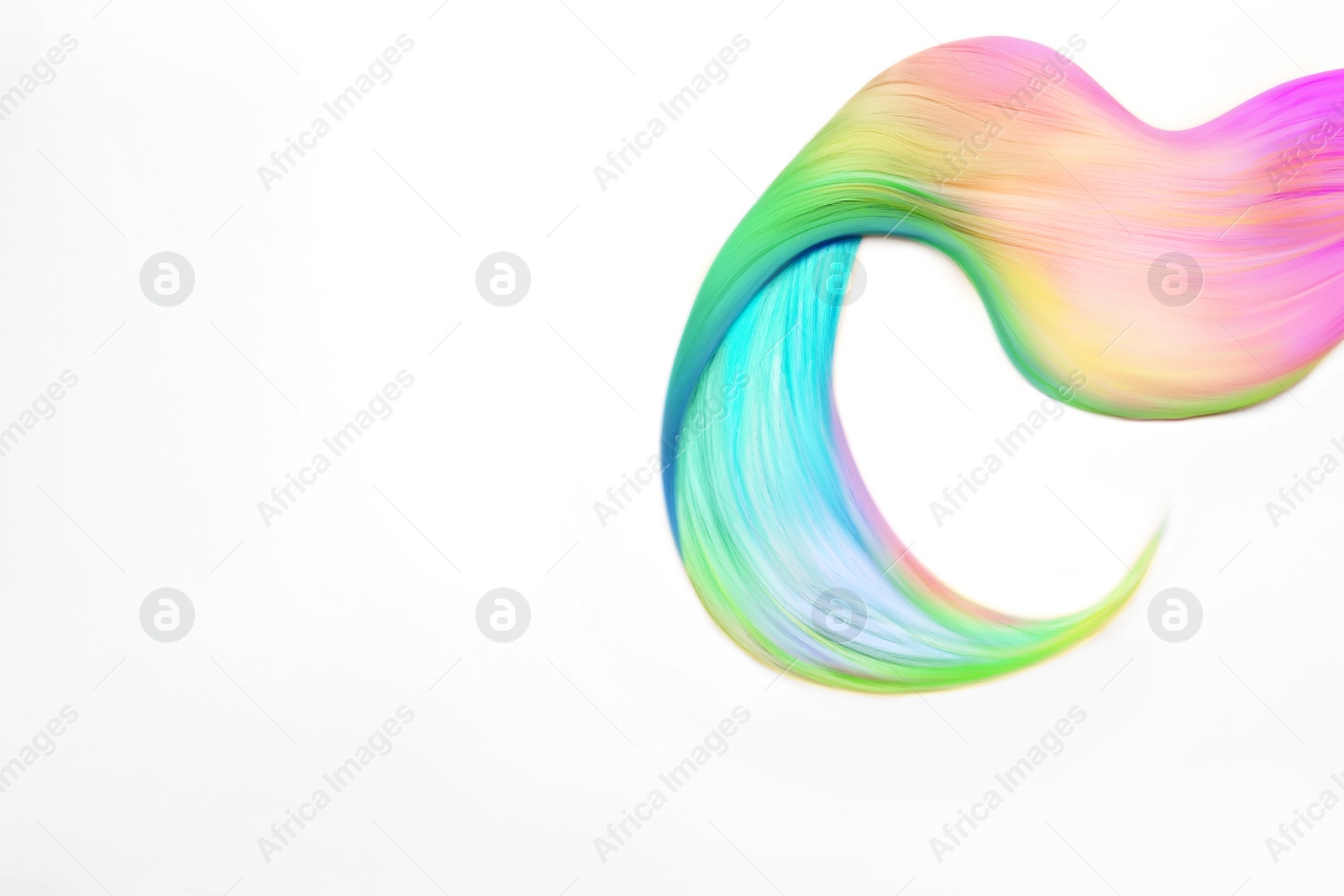 Image of Strand of beautiful multicolored hair on white background, top view