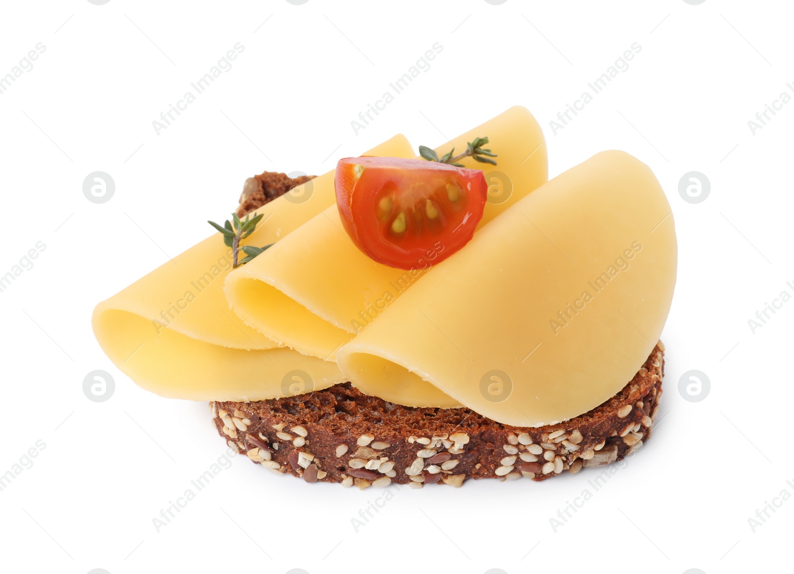 Photo of Tasty sandwich with slices of fresh cheese, thyme and tomato isolated on white