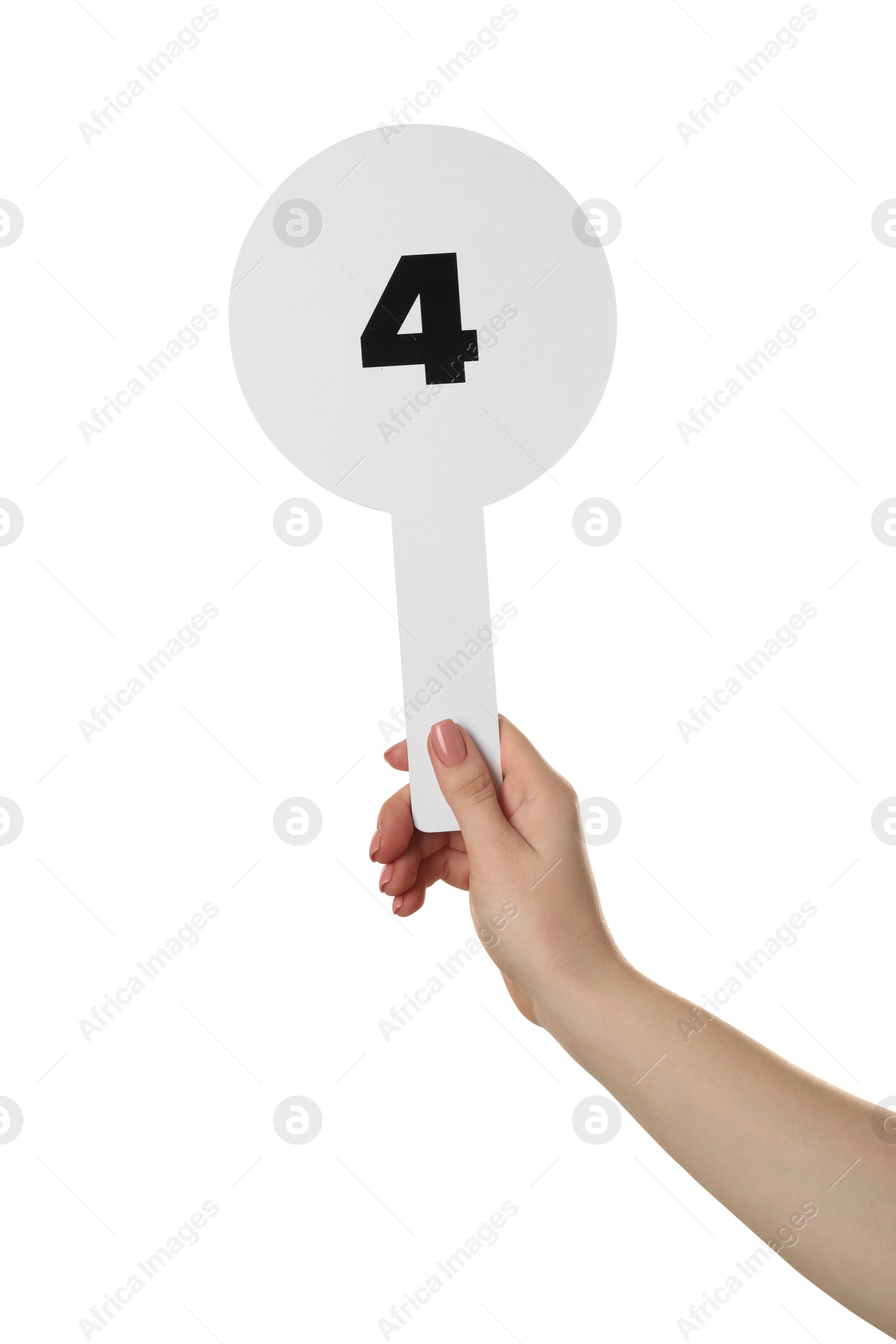 Photo of Woman holding auction paddle with number 4 on white background, closeup