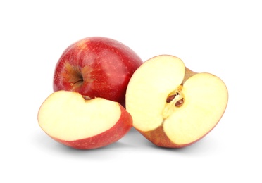 Photo of Ripe juicy red apples on white background