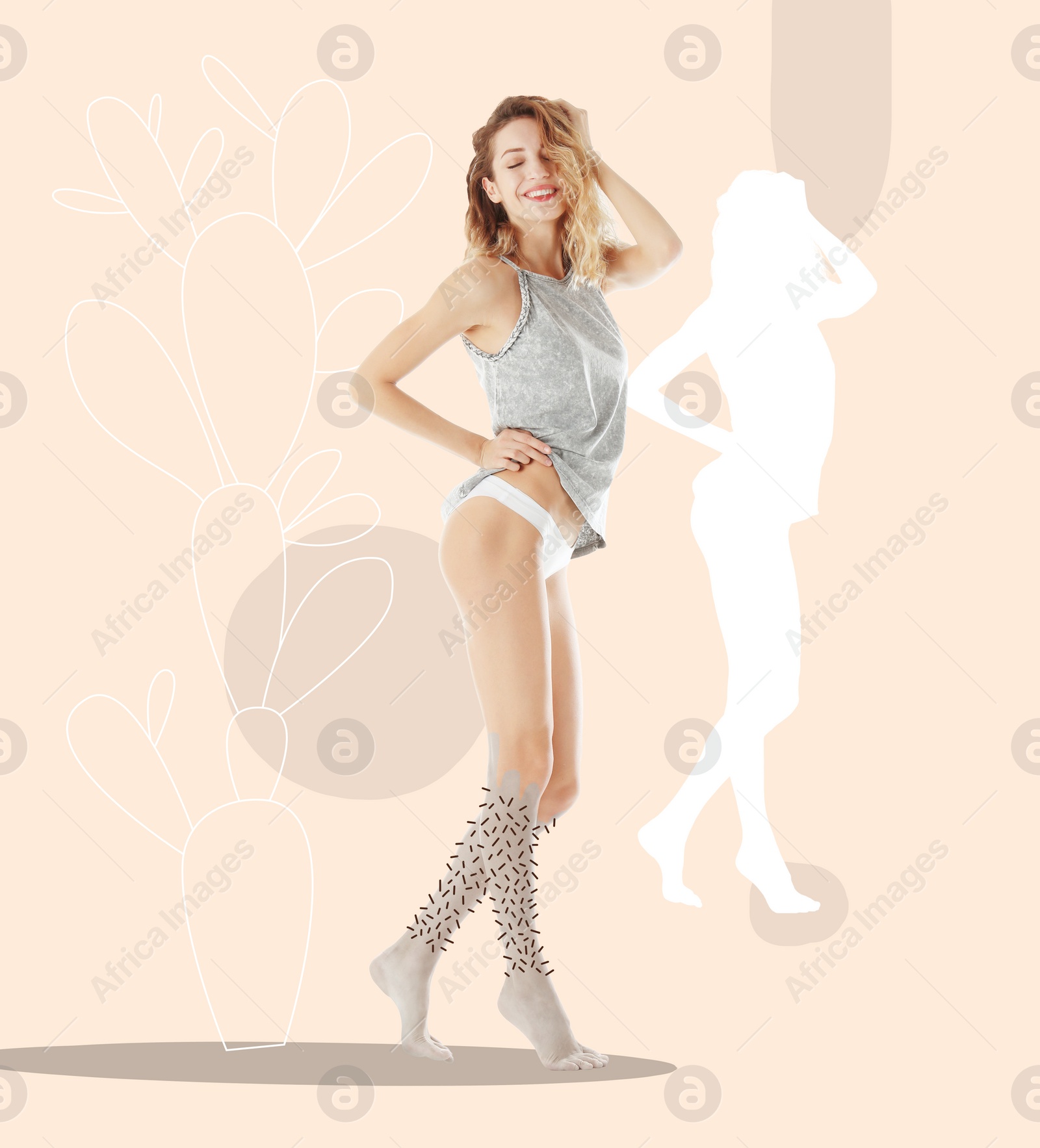 Image of Epilation concept. Happy young woman showing legs covered with spines from knees to ankles on beige background