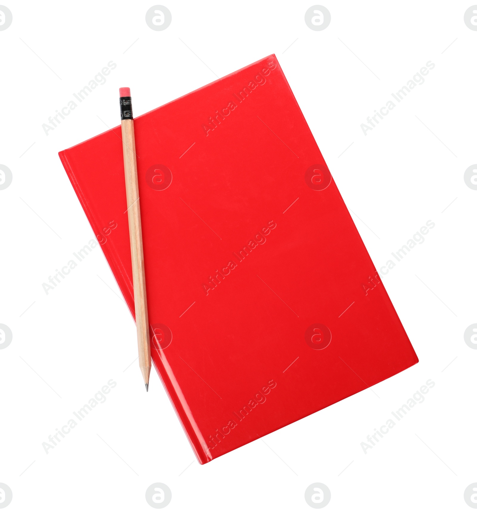 Photo of New red planner with pencil isolated on white, top view