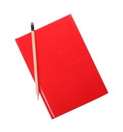 Photo of New red planner with pencil isolated on white, top view