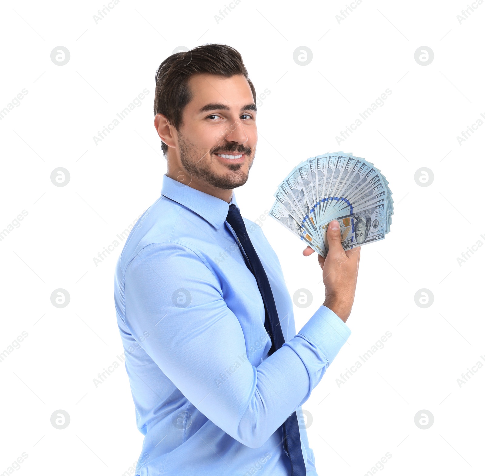 Photo of Handsome businessman with dollars on white background