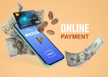 Image of Online payment. Coins falling into slot in mobile phone with open e-wallet app, dollar banknotes and credit card on beige background