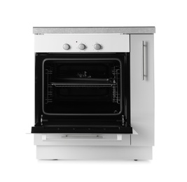 Open modern electric oven on white background. Kitchen appliance