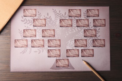 Photo of Blank family tree and pencil on wooden table, flat lay. Mockup for design