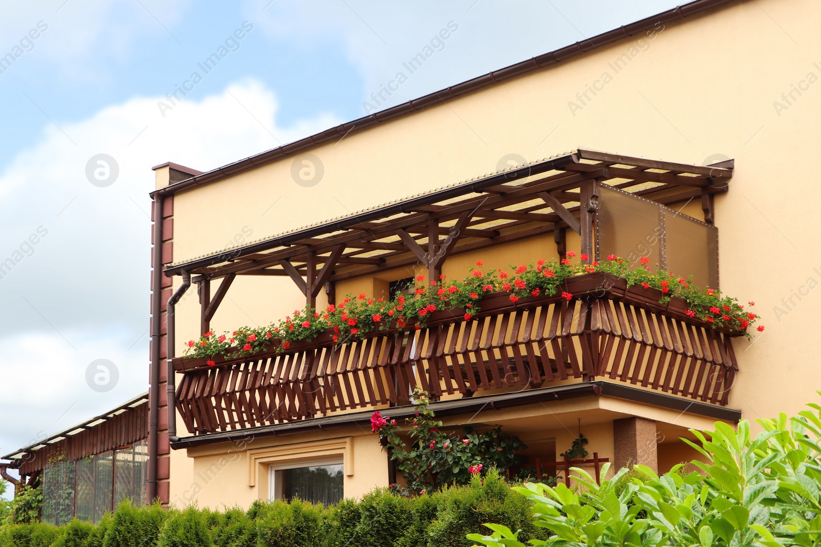 Photo of Wooden balcony decorated with beautiful blooming potted flowers