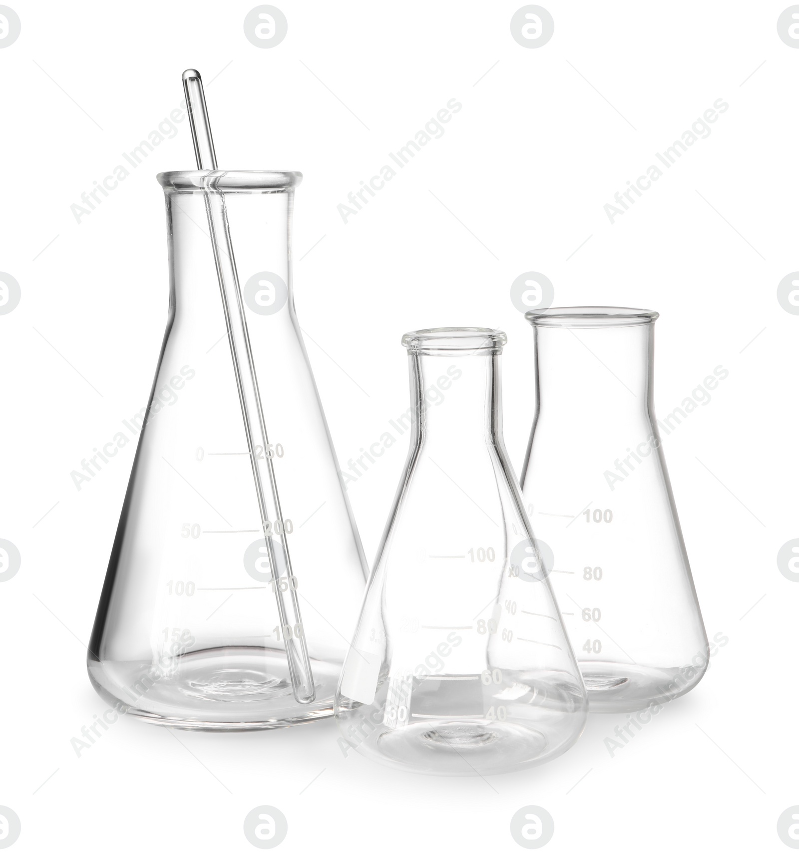 Photo of Empty laboratory flasks and stirring rod isolated on white