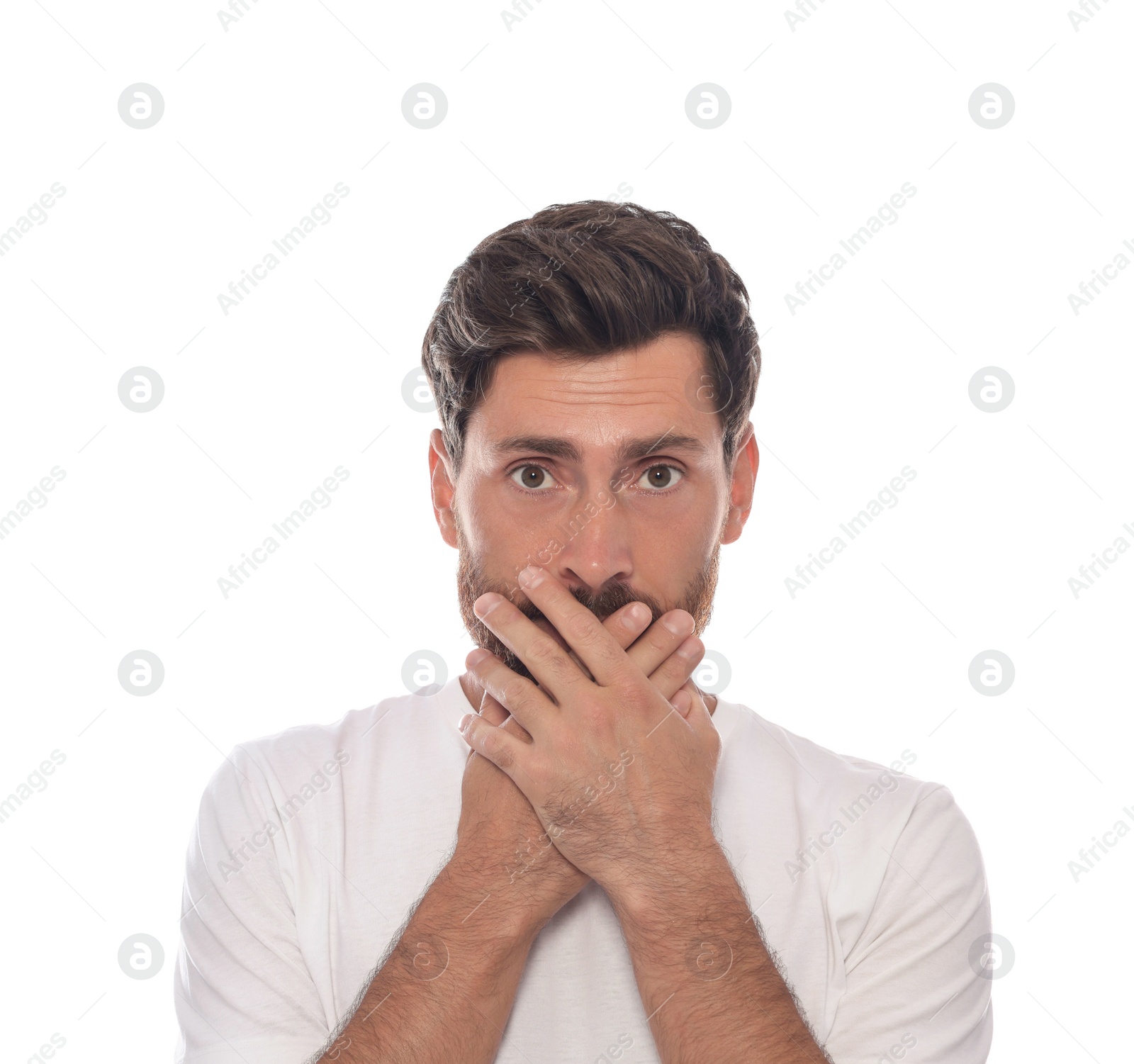 Photo of Embarrassed man covering face with hands on white background