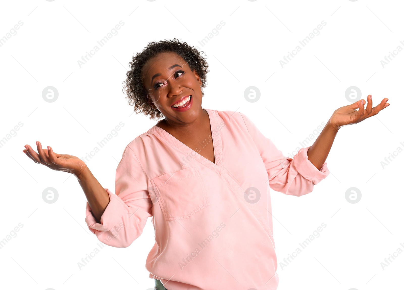 Photo of Portrait of happy African-American woman on white background