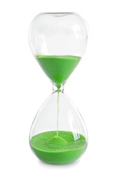 Hourglass with flowing sand on table against white background. Time management