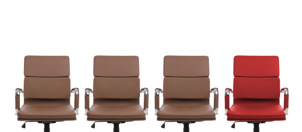 Image of Vacant position. Red office chair among brown ones on white background, banner design