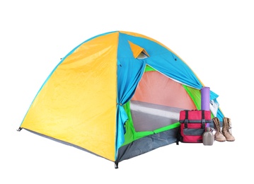 Photo of Tourist tent and camping equipment on white background