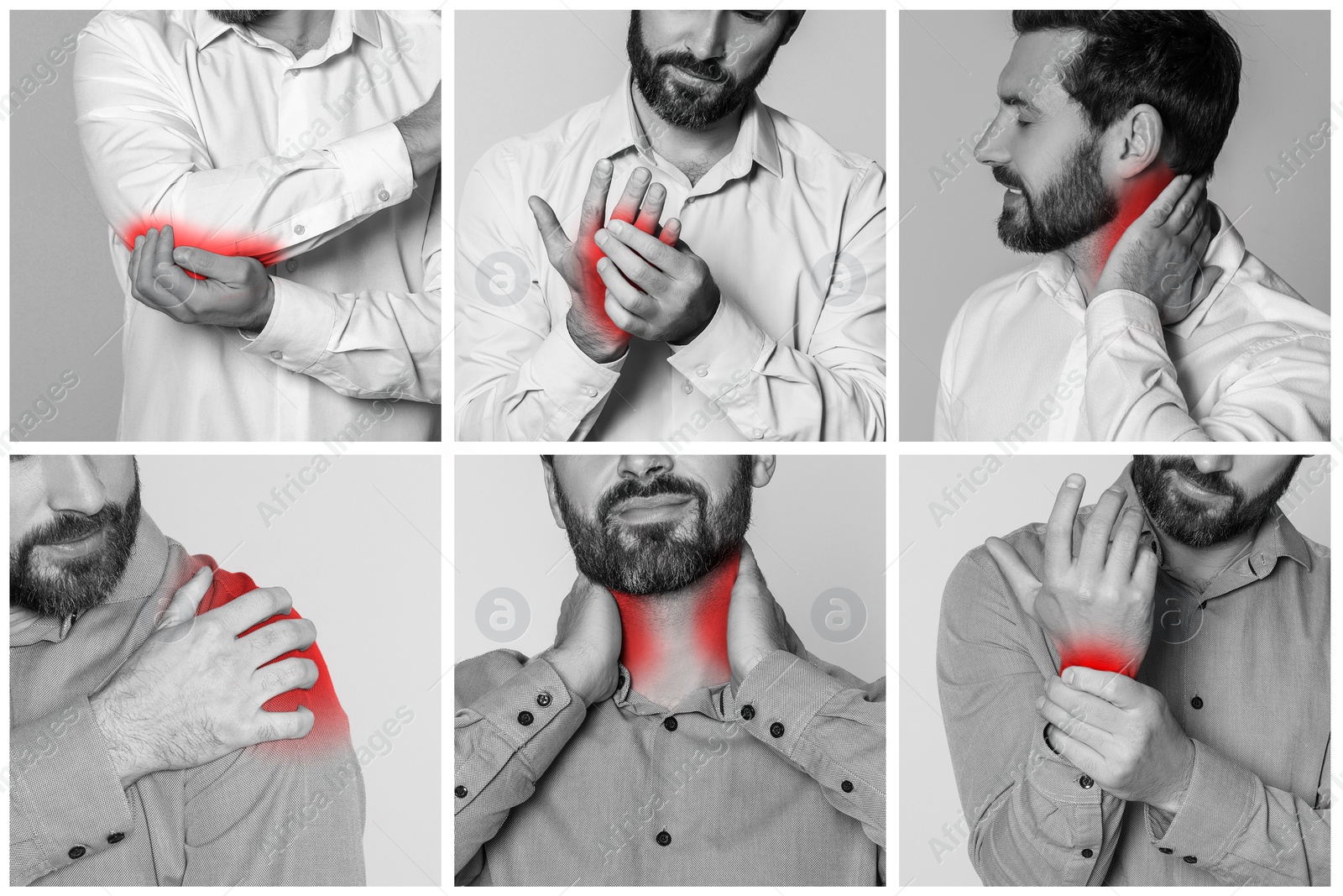 Image of Men suffering from rheumatism, black and white effect with red accent. Collage of photos