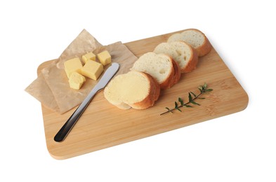 Photo of Wooden board with sliced baguette and fresh butter on white background