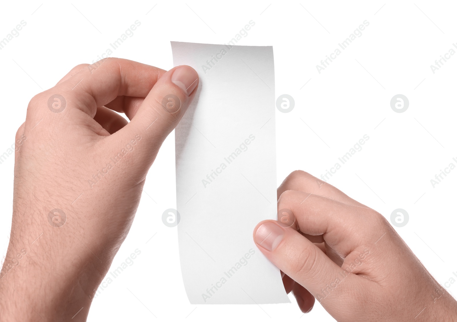 Photo of Man holding piece of blank thermal paper for receipt on white background, closeup