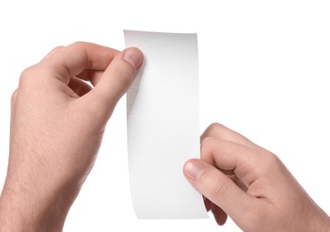 Man holding piece of blank thermal paper for receipt on white background, closeup