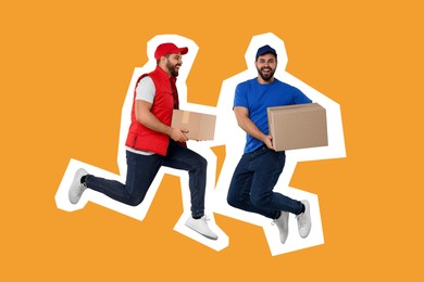 Happy courier with parcels on orange background, creative collage