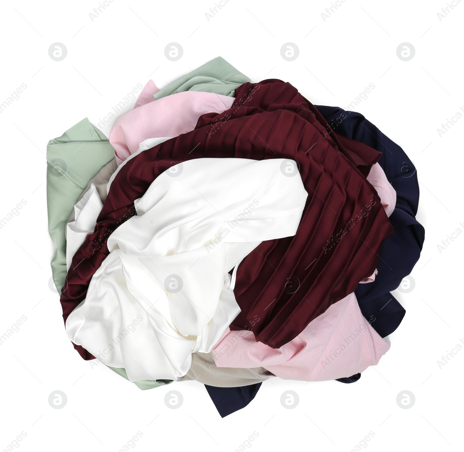 Photo of Pile of clothes isolated on white, top view