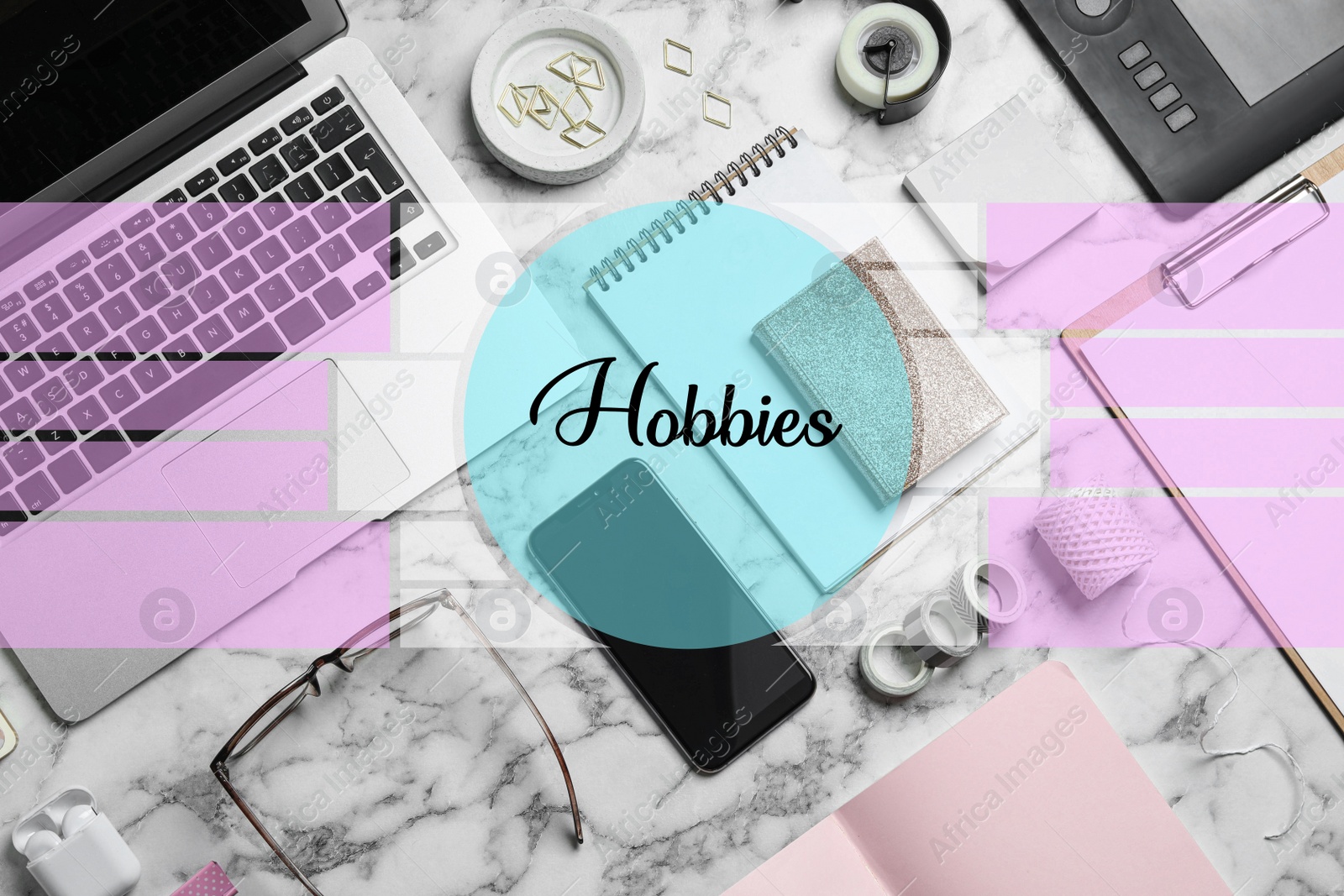 Image of Different hobbies. Flat lay composition with laptop and stationery on white marble table