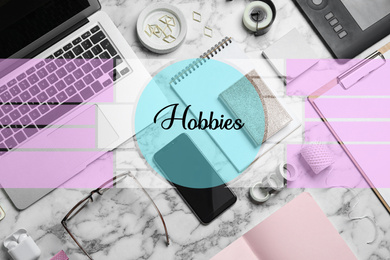 Image of Different hobbies. Flat lay composition with laptop and stationery on white marble table